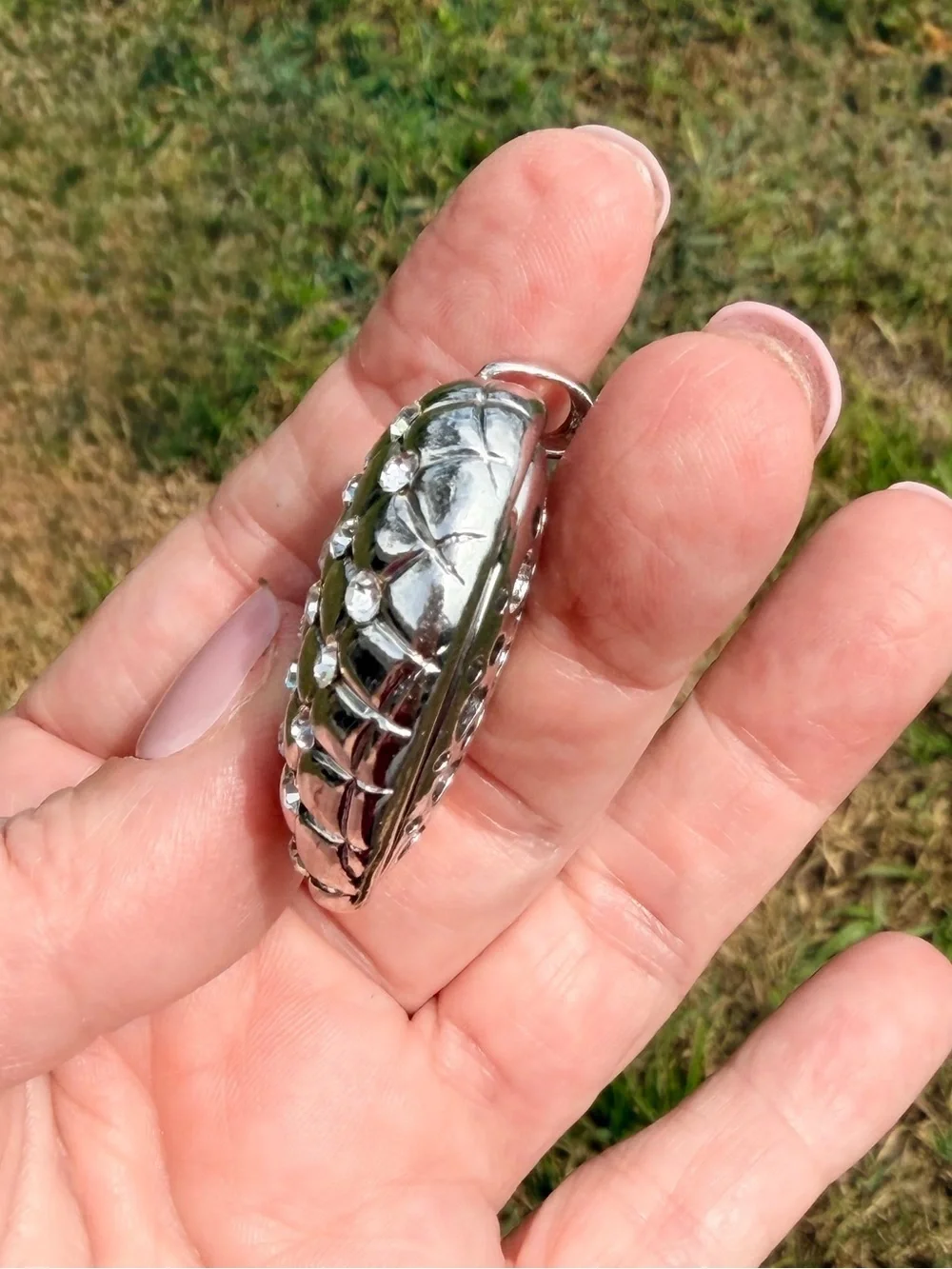 Chunky Silver Plated Heart Quilted Pendant Necklace with Crystal Accents